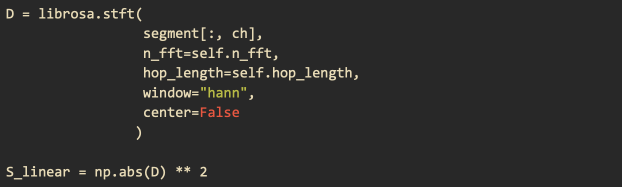 Applying the librosa stft function and calculating the power spectrogram