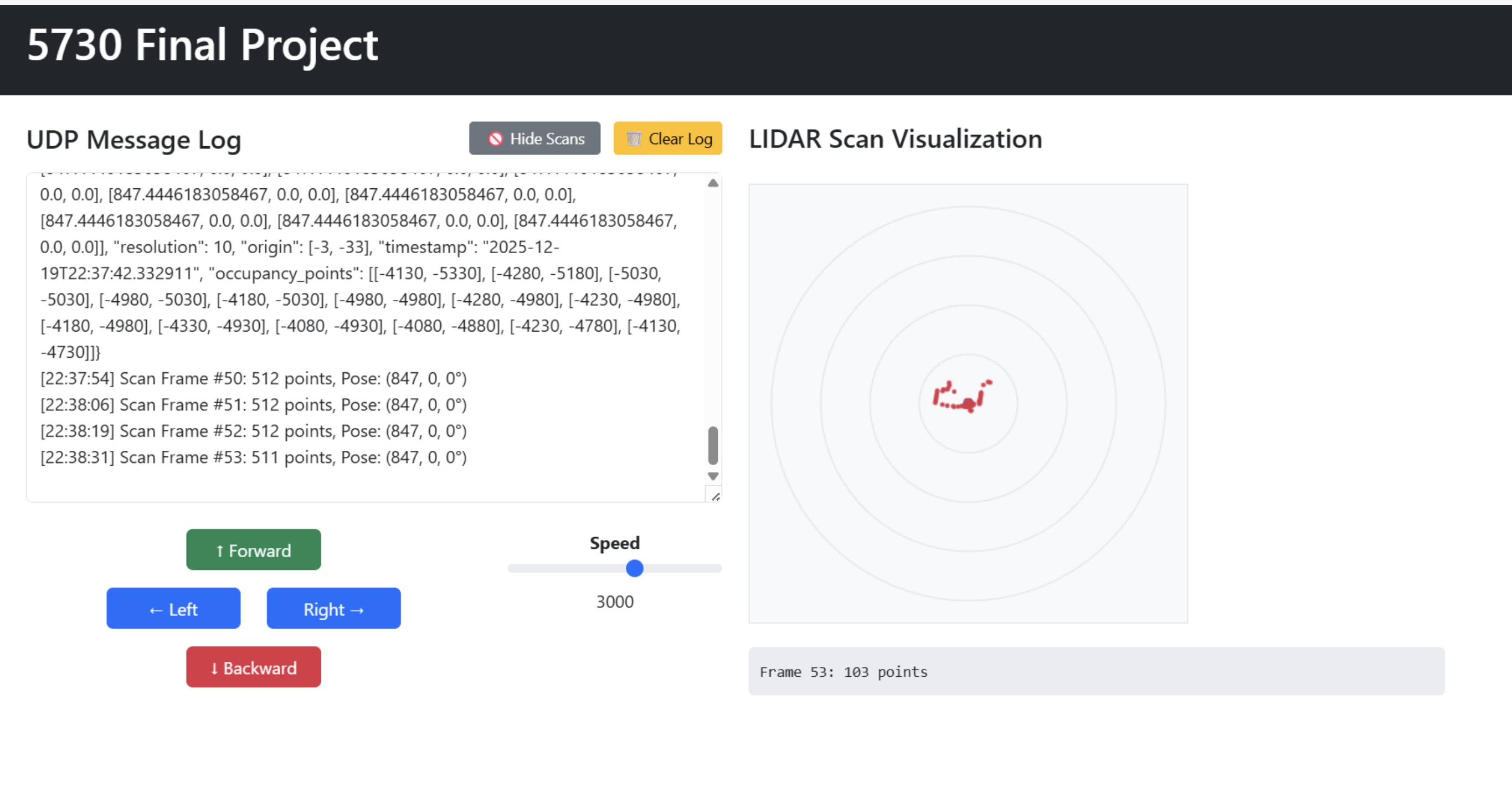 Host PC web UI (UDP log + control panel + LiDAR plot)