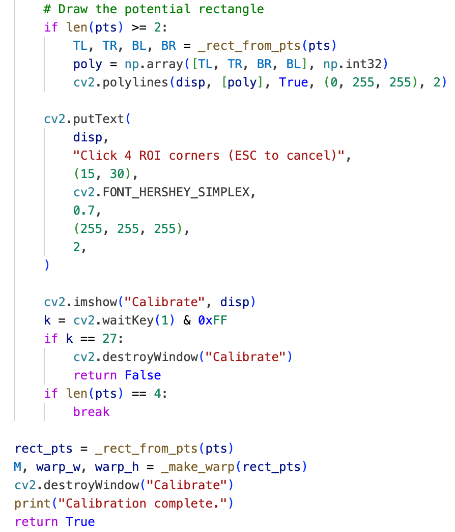 Code for the calibration window