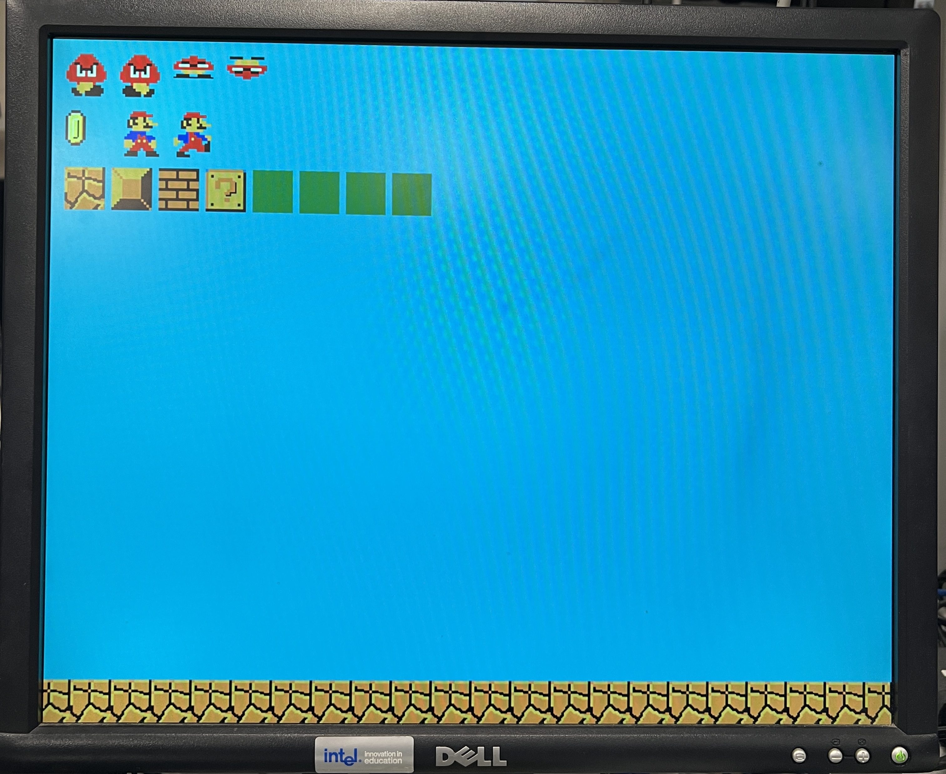 The test palette of sprites and tiles. Note: Green blocks represent pipes, which were scrapped.